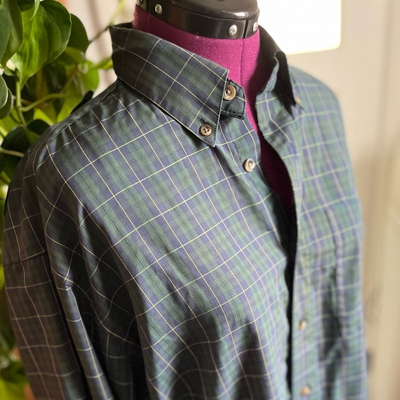 Savane Deep Dye, Green and Blue Plaid Casual Button Down Long Sleeve Shirt - Picture 2 of 8
